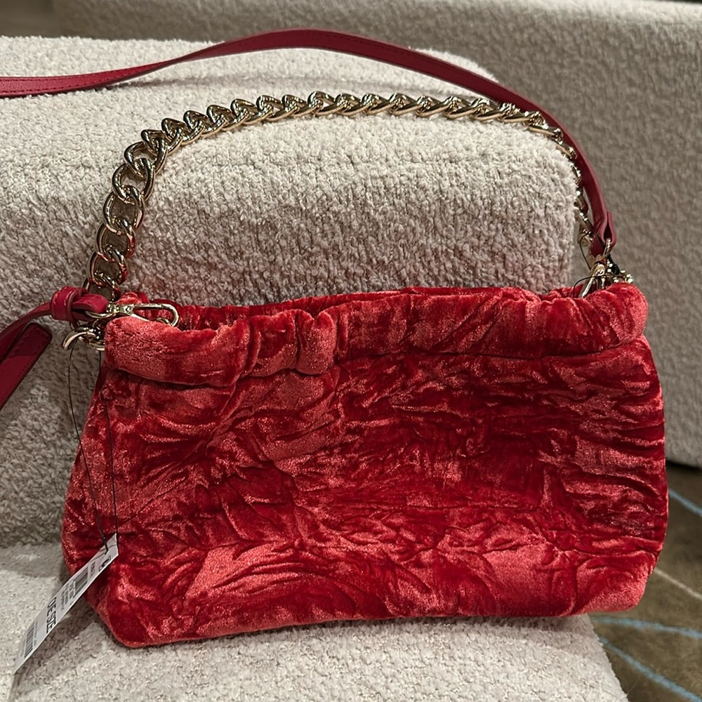 NWT RENNATA RED PEPPER VELVET BAG REMOVABLE LONG STRAP OR SHORT CHAIN